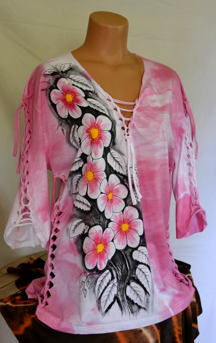 Růžové batikované tričko s květy - REZERVACE