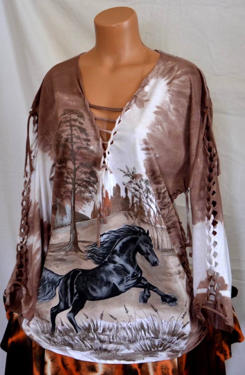 Hnědé batikované prostříhané tričko s vraníkem 3XL