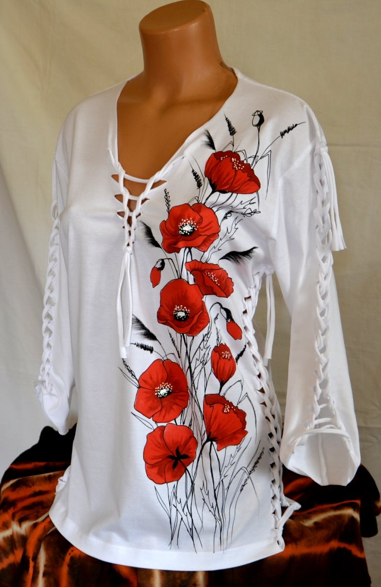 Bílé prostříhané tričko s vlčími máky, M - 4XL