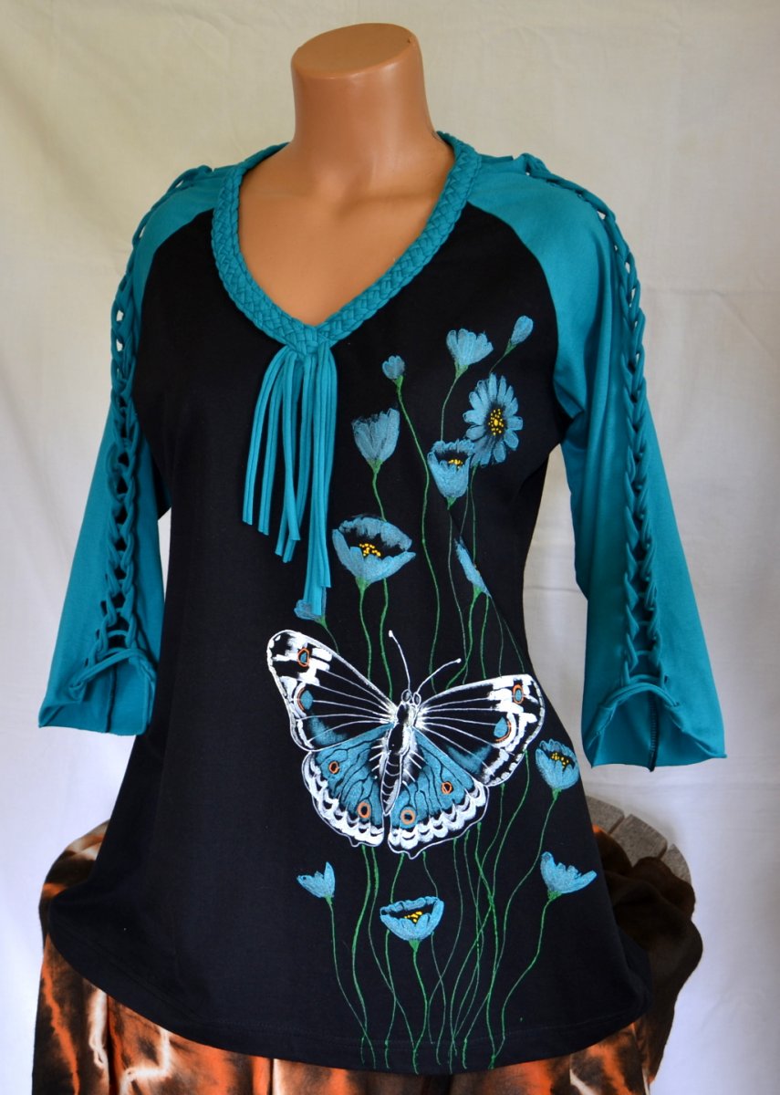 Tmavotyrkysovočerná tunika s motýlem