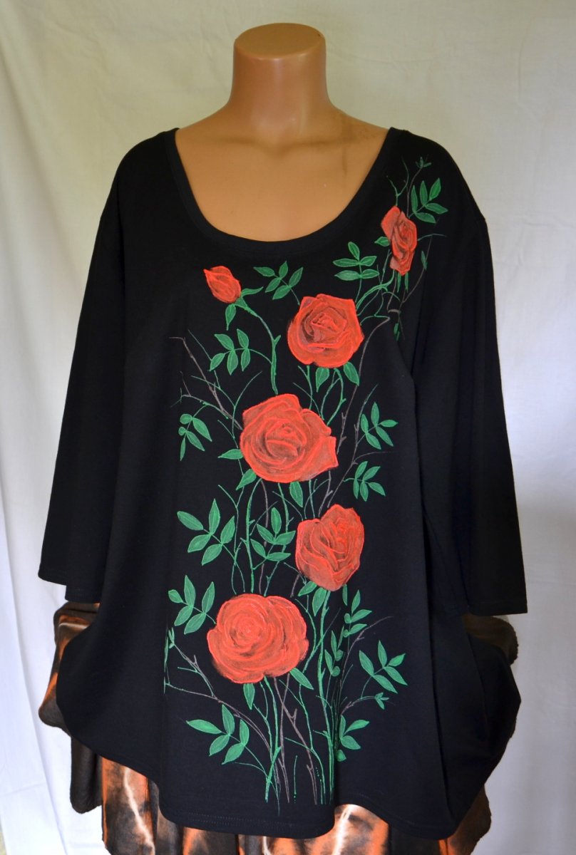 Černá tunika s růžemi - 6XL