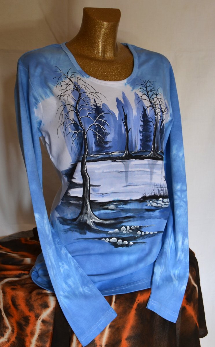 Modré tričko s krajinkou - dlouhý rukáv, XXL