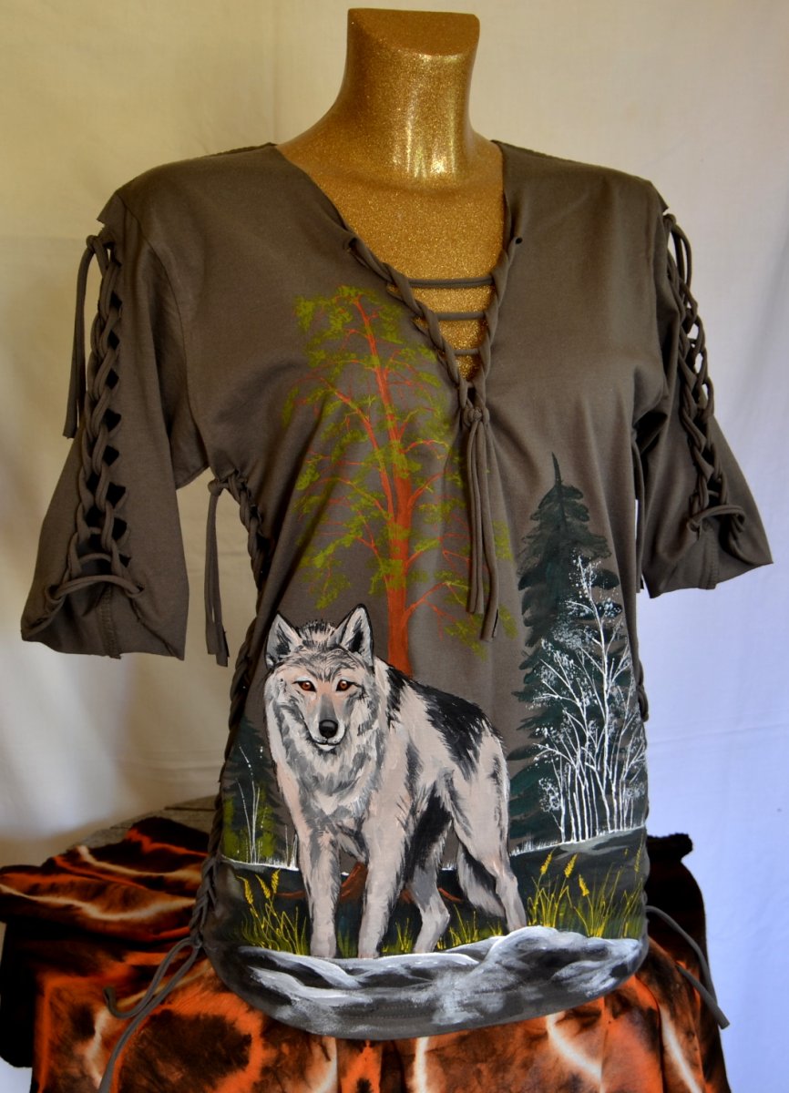 Khaki prostříhané tričko s vlkem , M