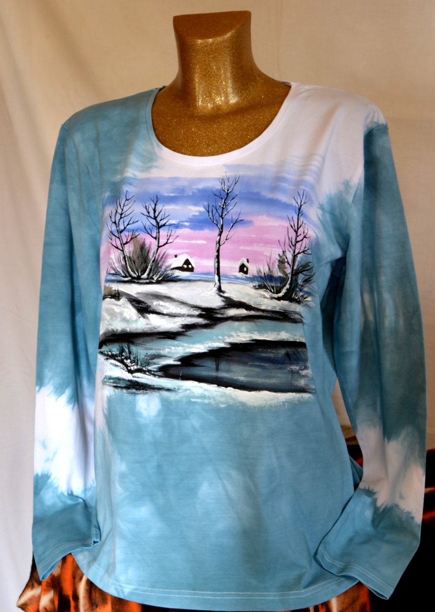 Tyrkysové elastické tričko se zimní krajinkou, XXL