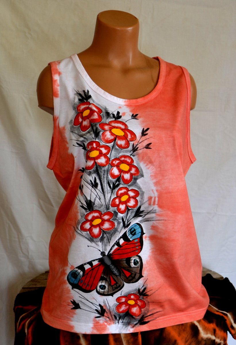 Batikované červené tílko s babočkou