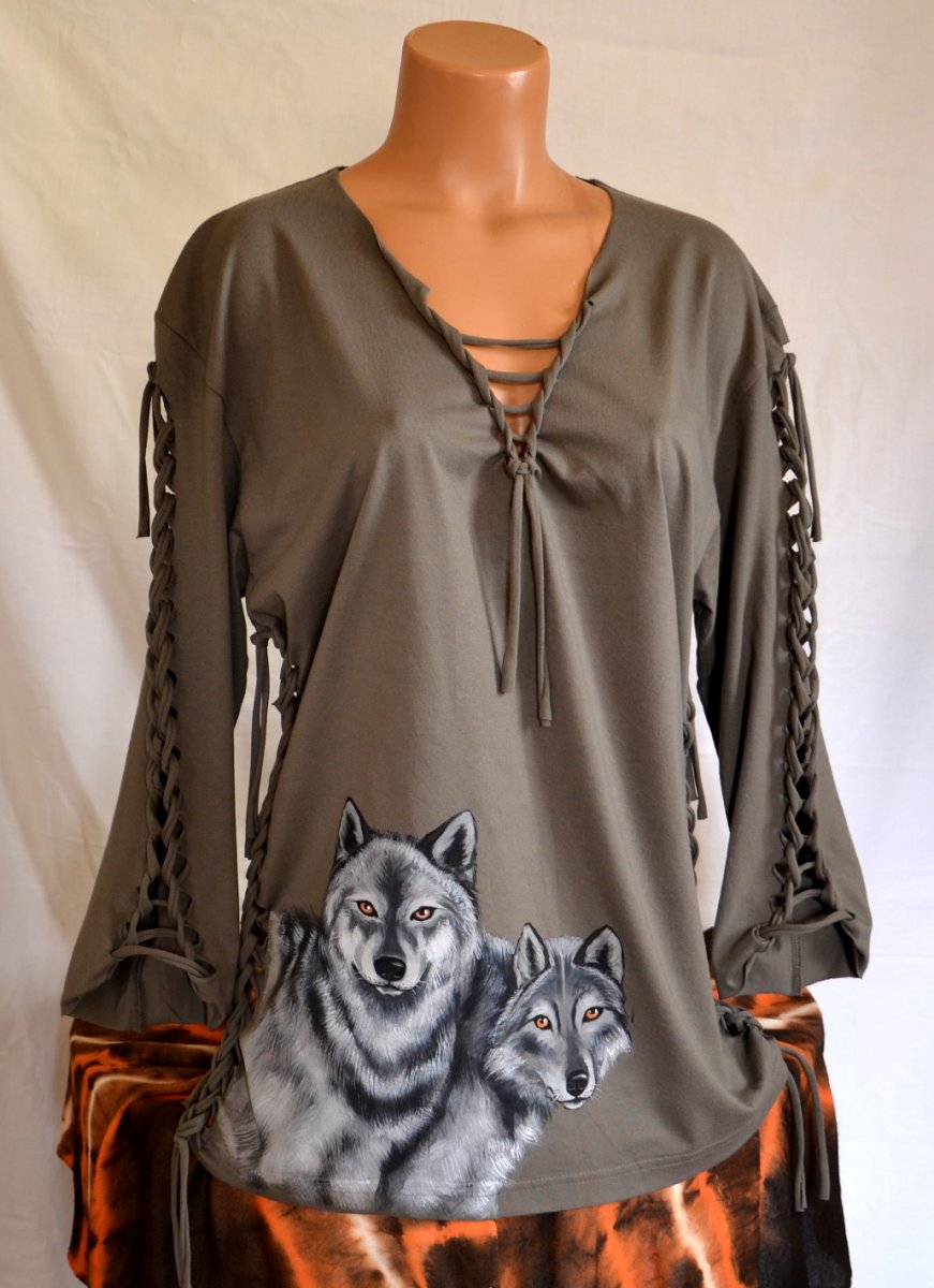 Khaki prostříhané tričko s vlky, XXL