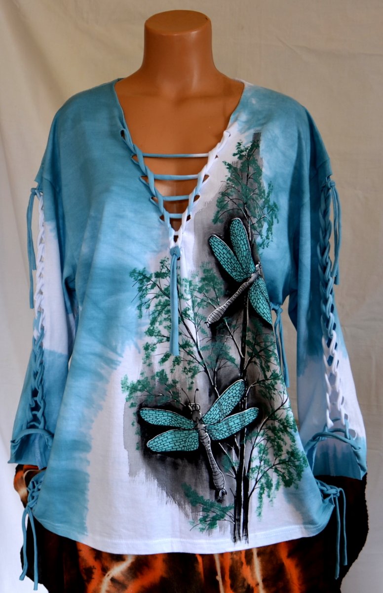 Tyrkysové prostříhané tričko s vážkami