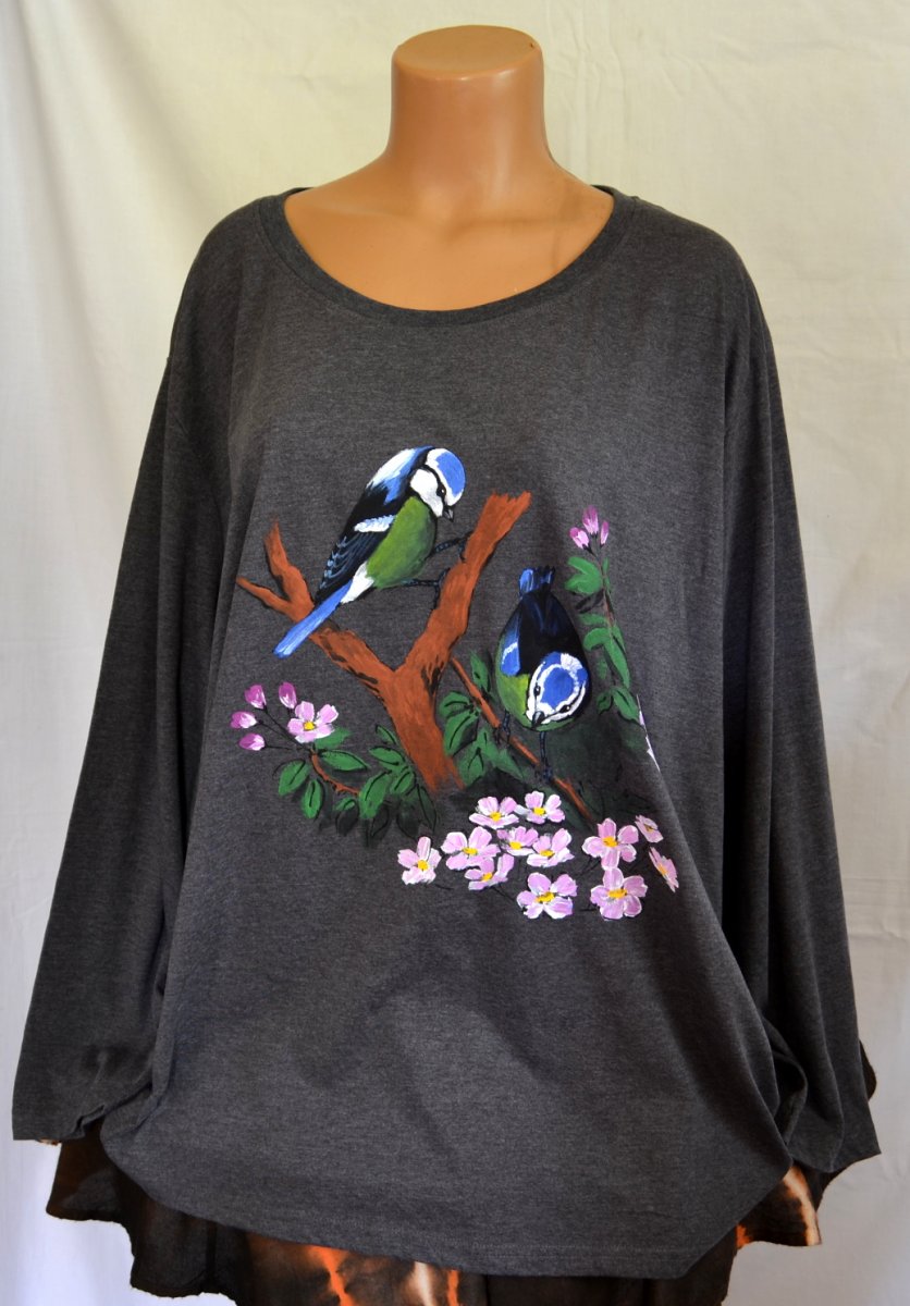 Šedé tričko s ptáčky, 7XL