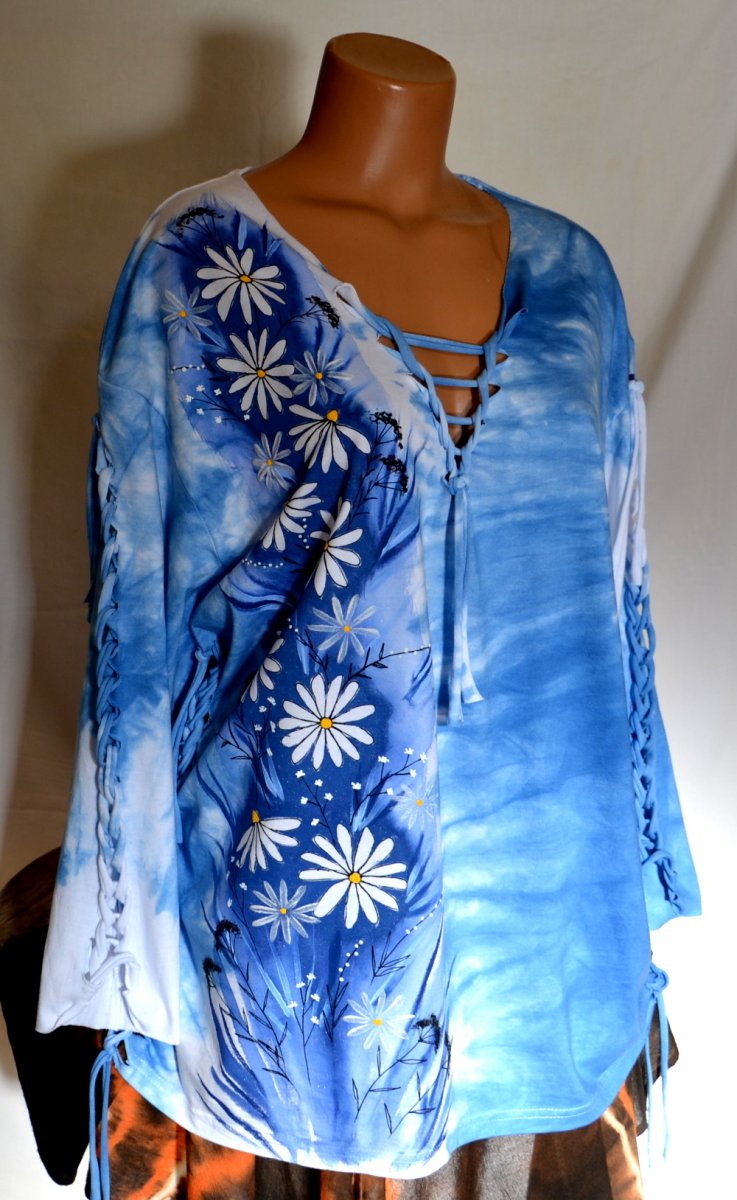 Modré prostříhané tričko s kopretinami,  3XL