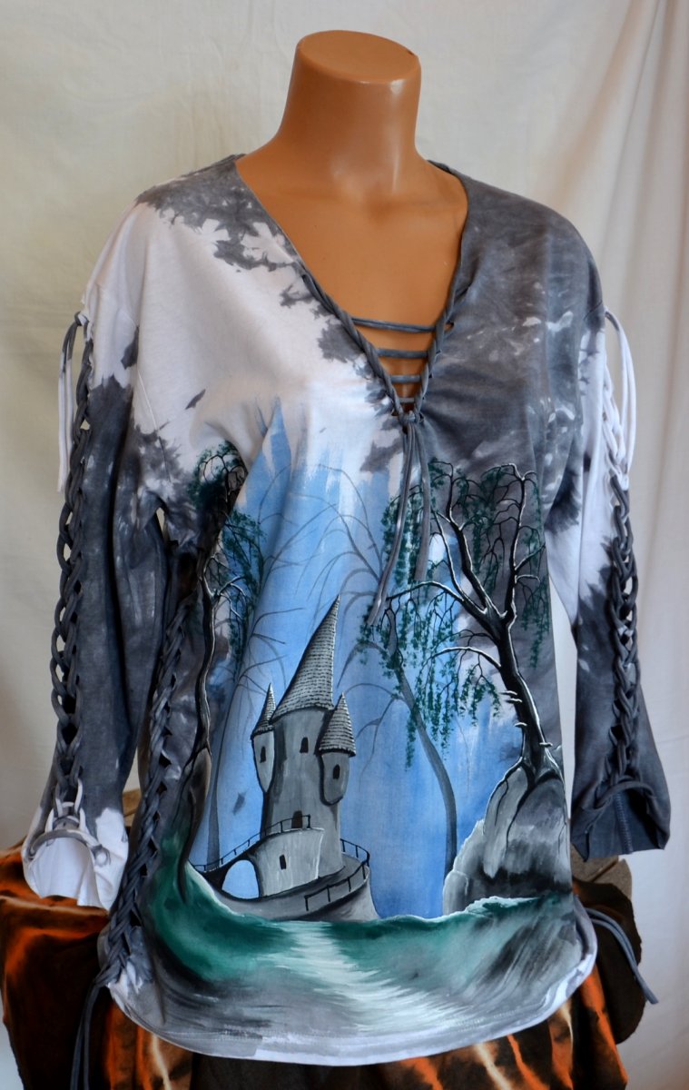 Šedé prostříhané tričko s fantasy krajinkou, 2XL