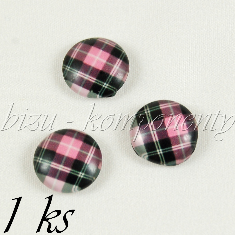 Skleněný kabošon černo-růžový skotský, 12 mm (35 2038)