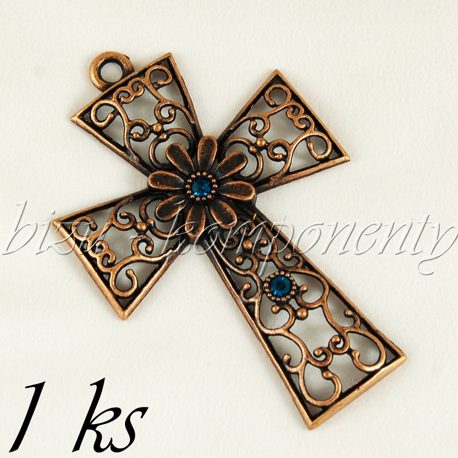 Velký kříž s kopretinou a modrými šatony, měděná barva (02 1185)