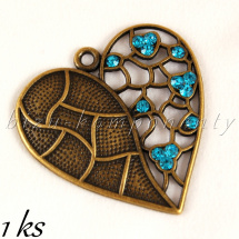 Velké ozdobné srdce s modrými šatony, bronzová barva (02 1204)