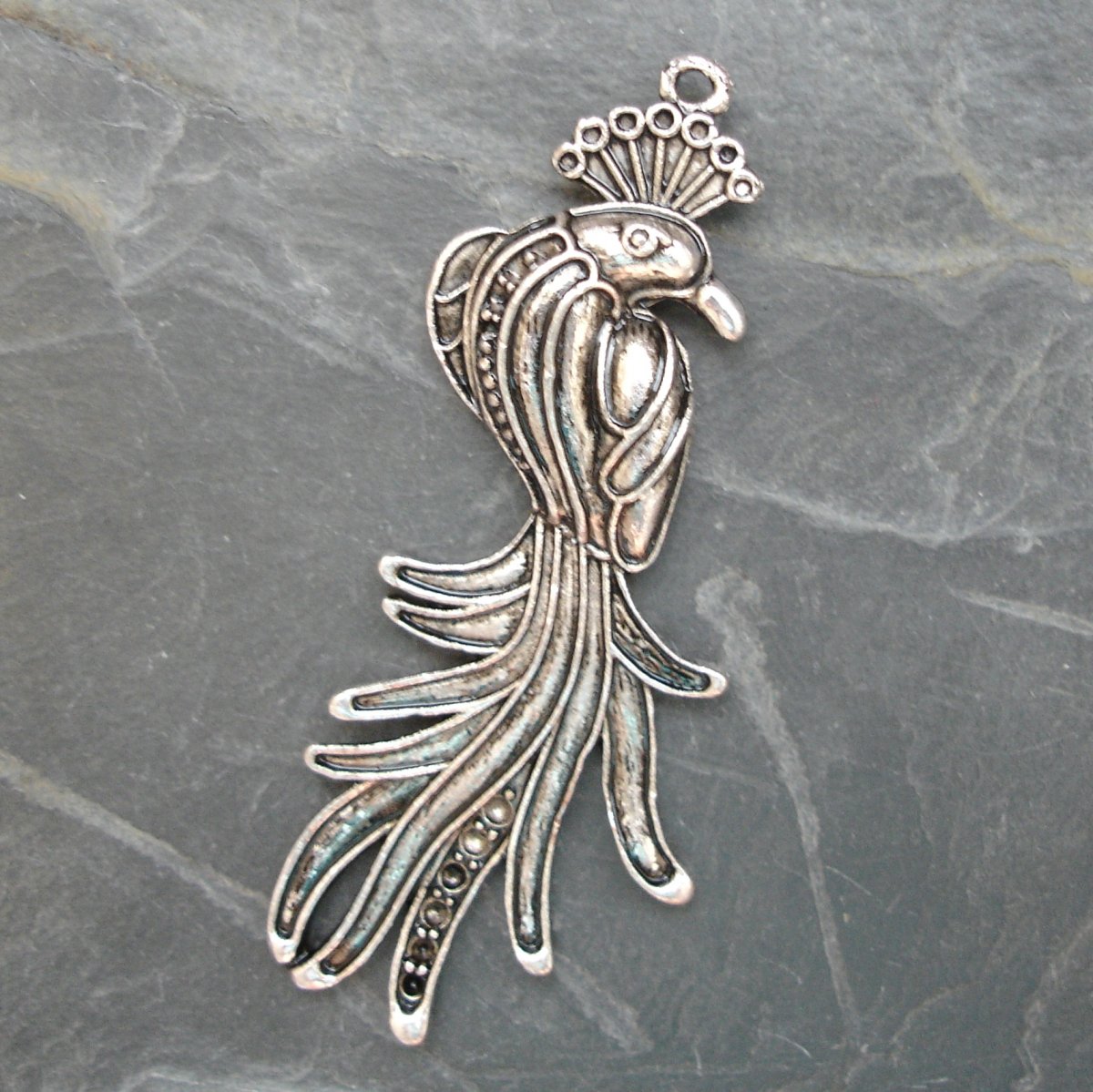 Přívěsek páv 25x60 mm- 1 ks - starostříbrná