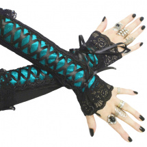 Dámské sametové rukavičky černé - tyrkysové s krajkou 0360A