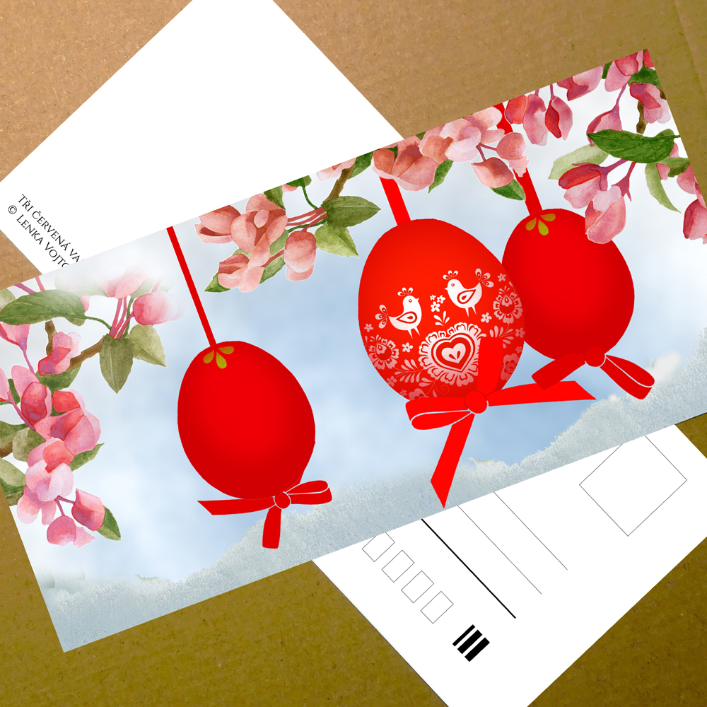 TŘI ČERVENÁ VAJÍČKA - pohlednice