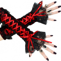 Společenské červené - černé krajkové gothic rukavice 0685C