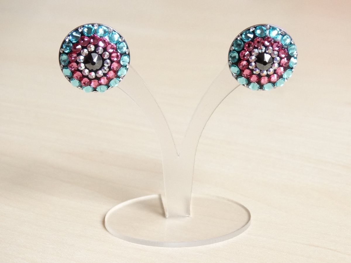 Velké černo-tyrkysovo-růžové mandalové náušnice