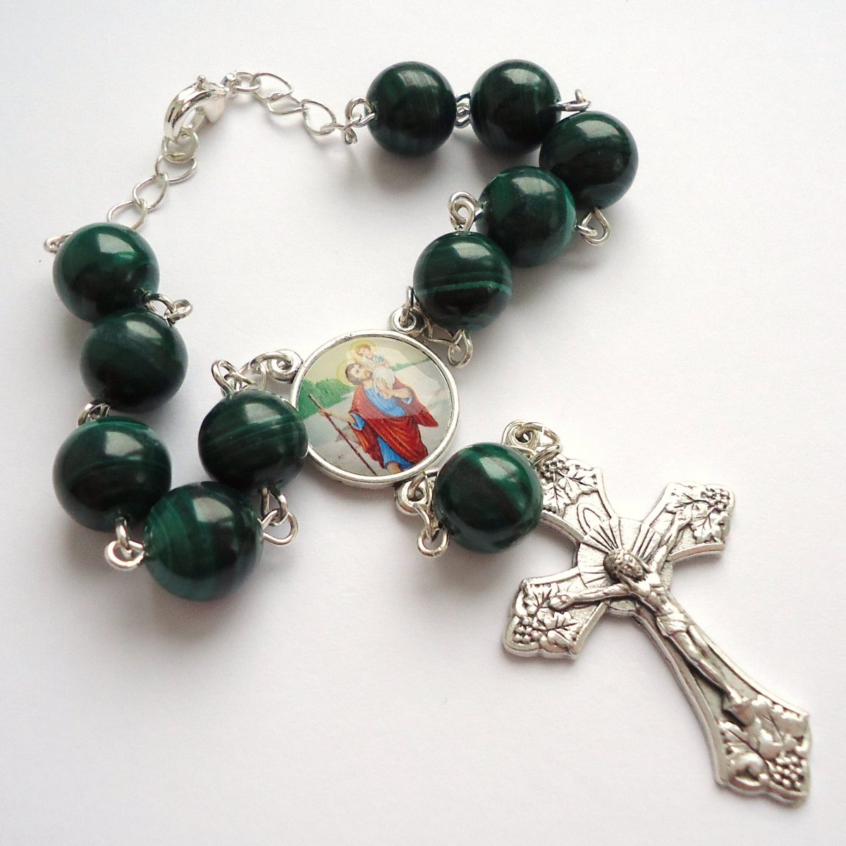 Růženec do auta se Svatým Kryštofem (MALACHIT)