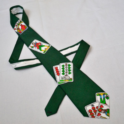 Hedvábná kravata s mariášovými kartami - zelená - SLEVA