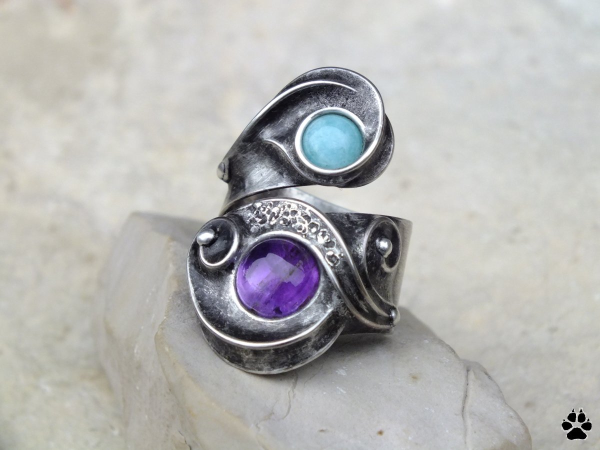 Amazonit s ametystem - cínovaný prsten