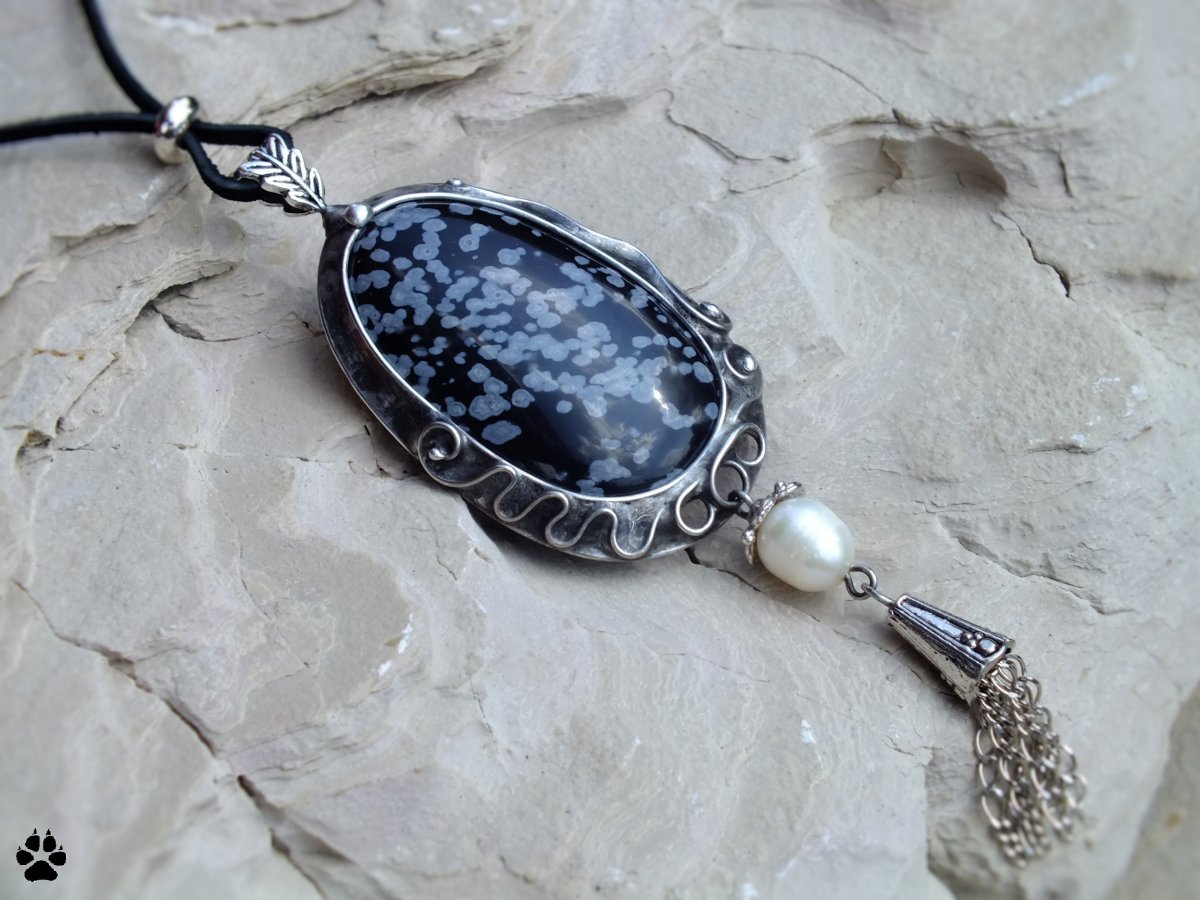 Dlouhý náhrdelník s třásněmi - obsidián a perla