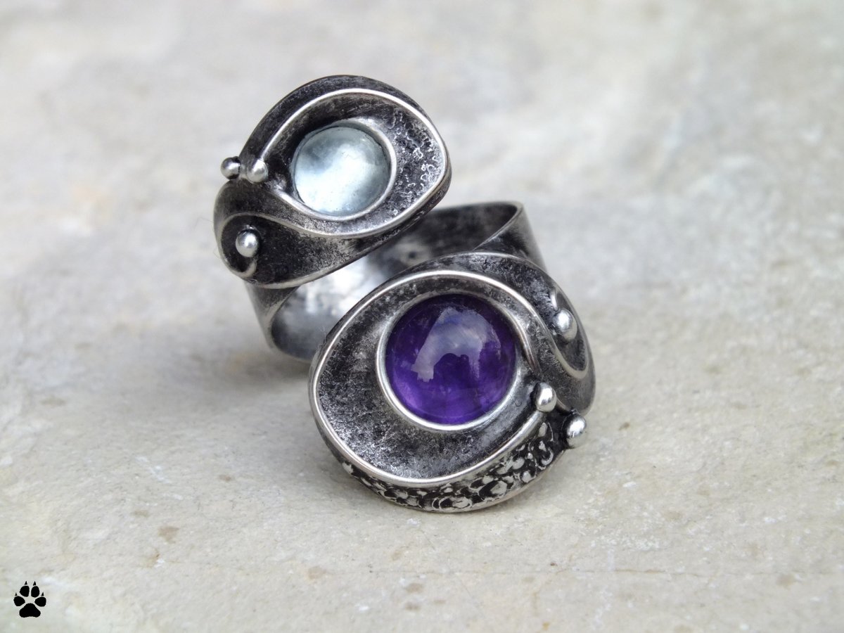 Akvamarín s ametystem - cínovaný prsten