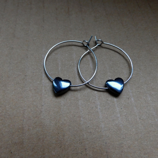Naušnice -Nerez- kruhy-hematit-srdce