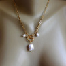 Náhrdelník -zlatý  nerezový s velkou keshi perlou