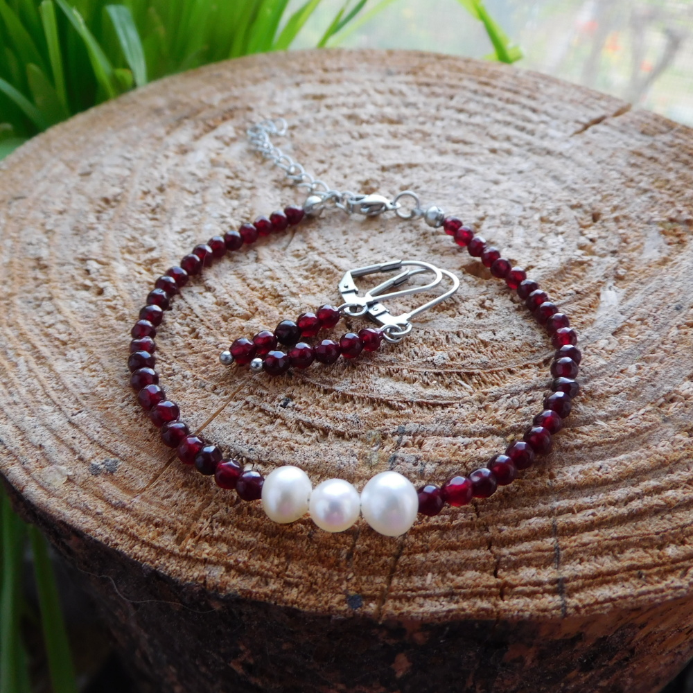 Náramek - Granát  + perla+nerez