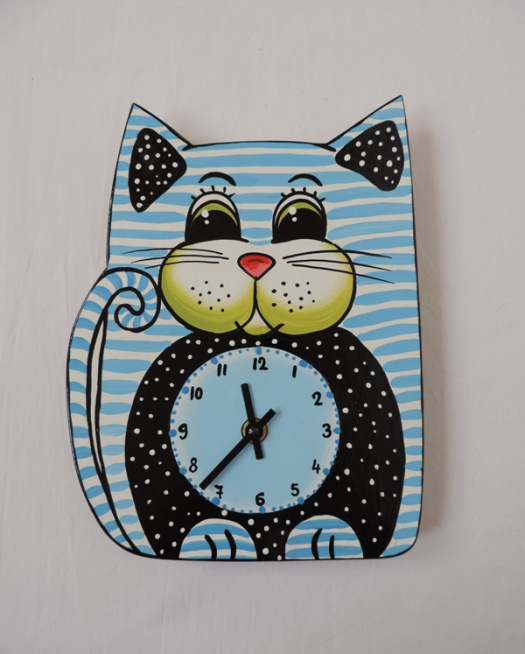 Malované hodiny-kočička-modrá