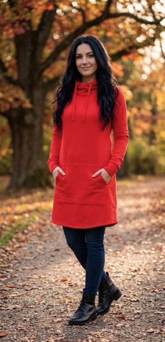 Mikinové šaty s kapucí - červené (teplákovina)