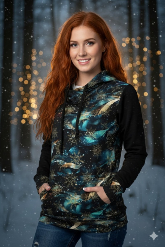 Dámská designová mikina s funkční kapucí - zlaté vločky (teplákovina)