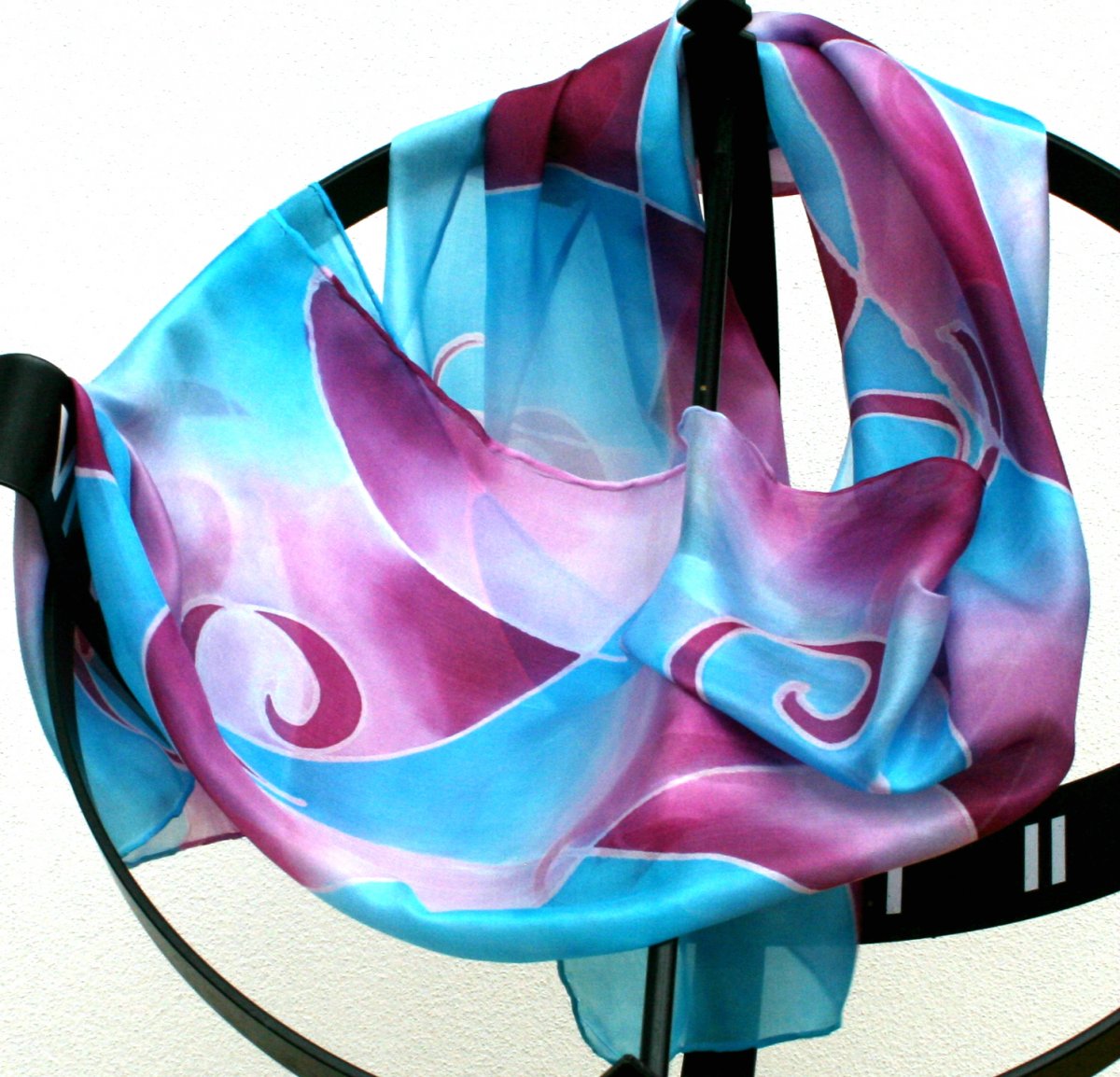 Hedvábná šála: Spirálky tyrkysovo-vínové