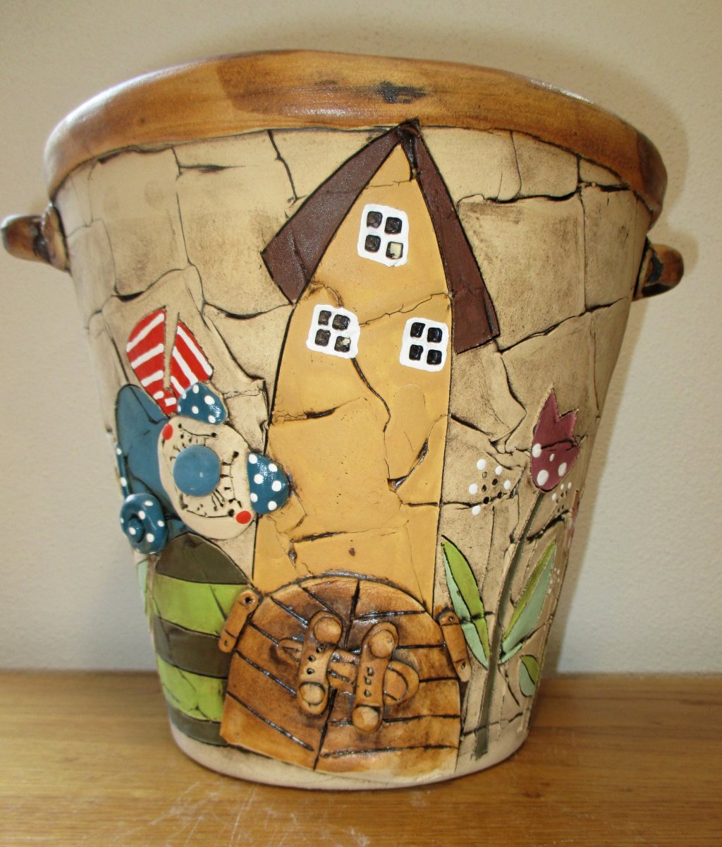 Obal na květináč - Domeček + kočka