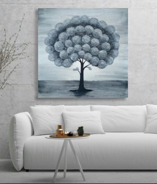 Malovaný černobílý obraz, energický strom 