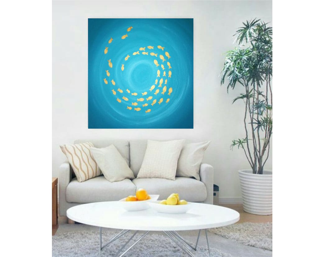 Malovaný obraz, abstrakce, zlaté rybičky 