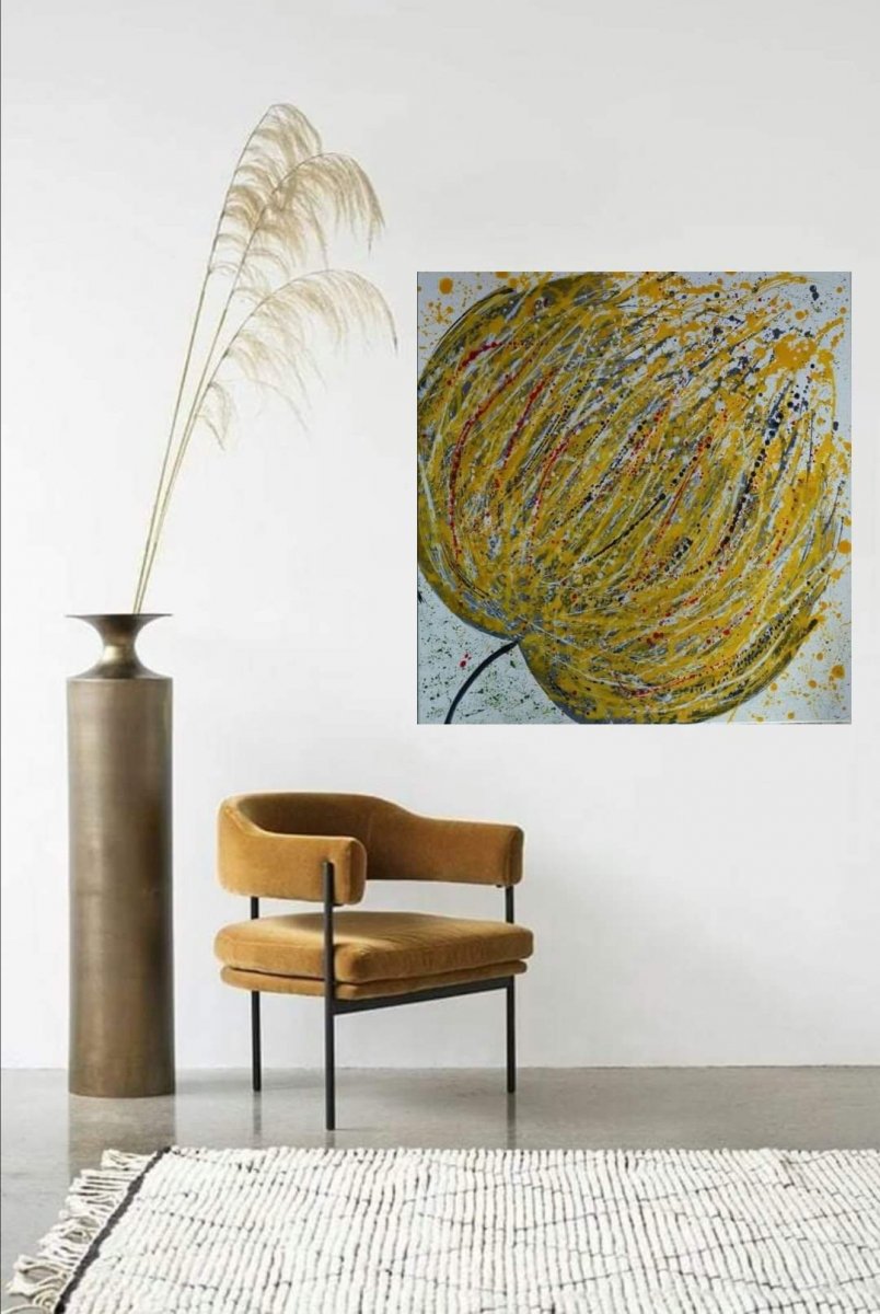 Malovaný  obraz, žluté poupě, abstrakce 