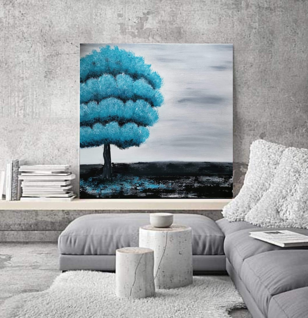 Malovaný černobílý obraz, energický strom tyrkys 
