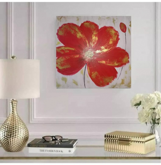 Malovaný obraz, červená květina se zlatým detailem
