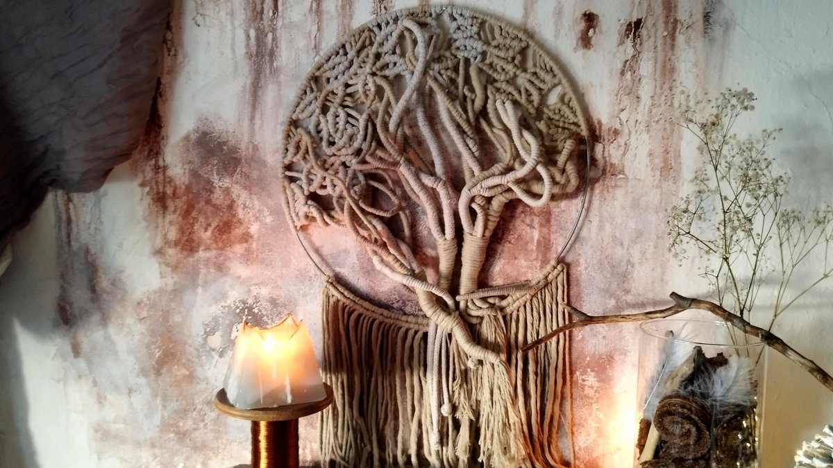 Strom života " Lněná+c.latte+kovový kruh "