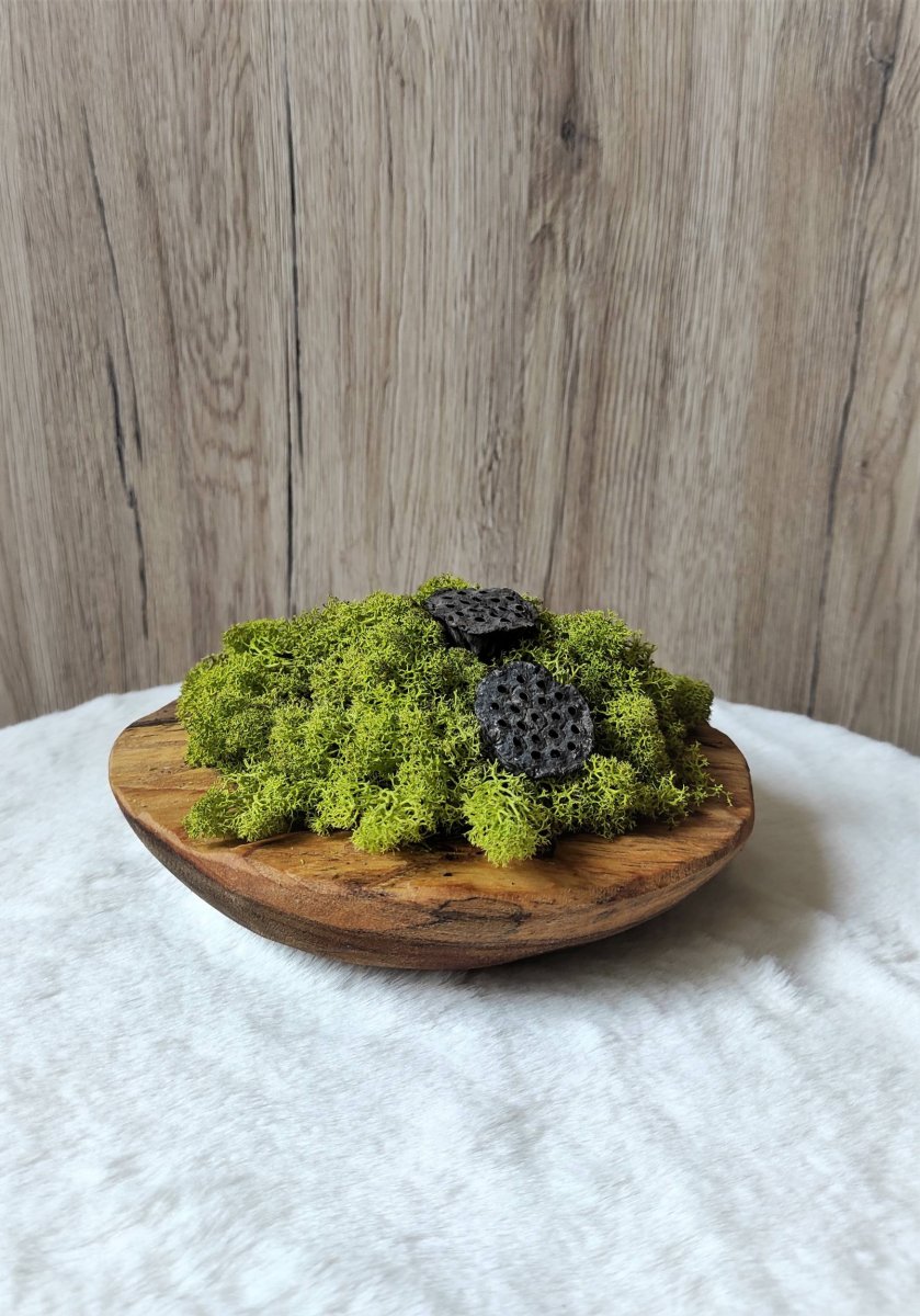 Mechová dekorace v teakové misce