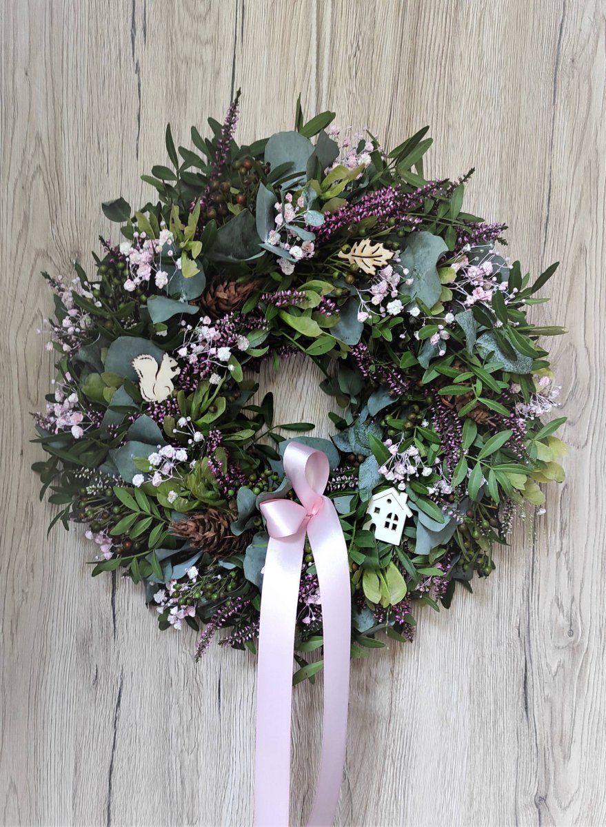 Přírodní eukalyptový podzimní věnec do růžové