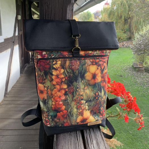 Květy v oranžovém tónu- rolovací/překlápěcí batoh