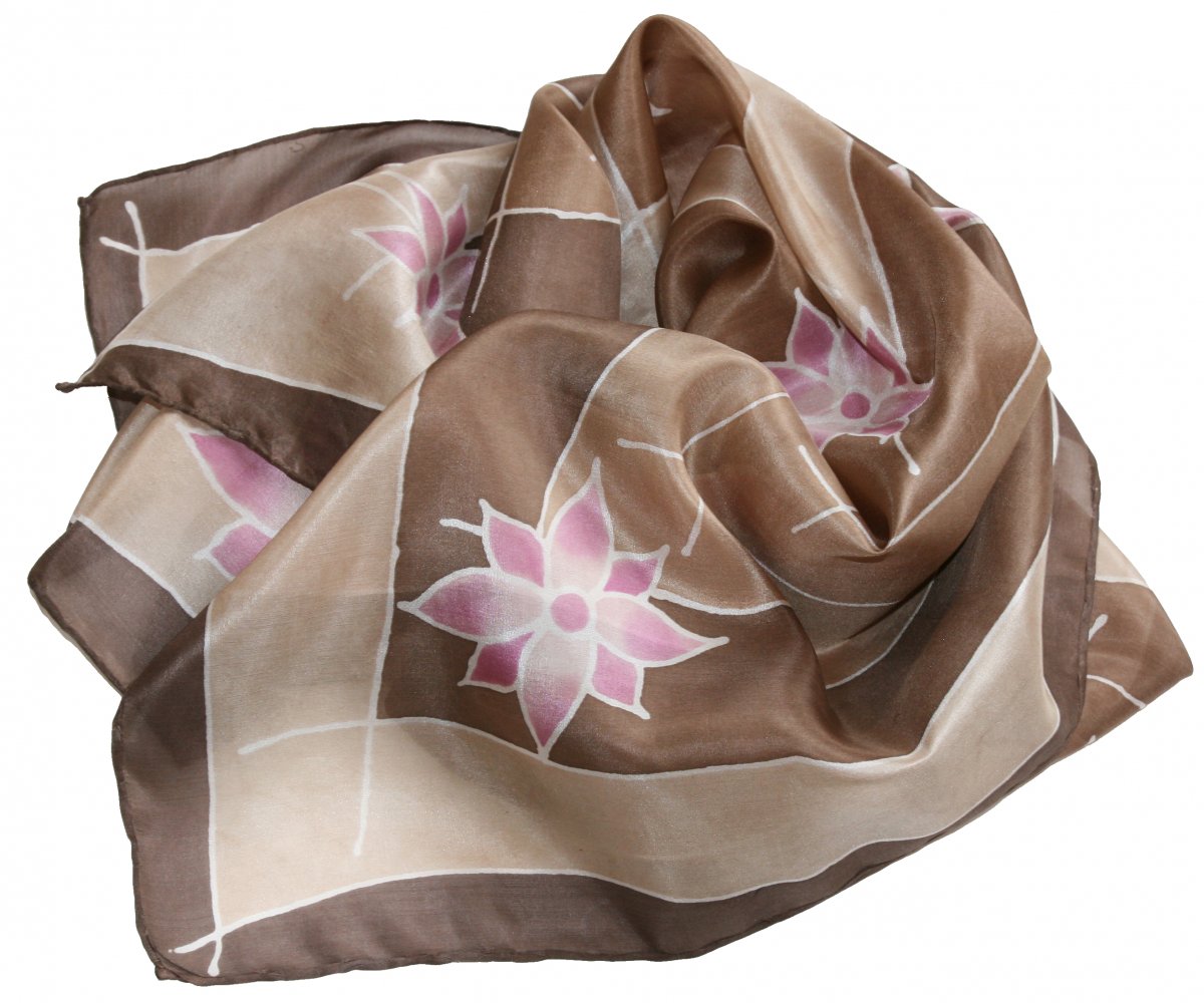 Malovaný hedvábný šátek: Květy v hnědé