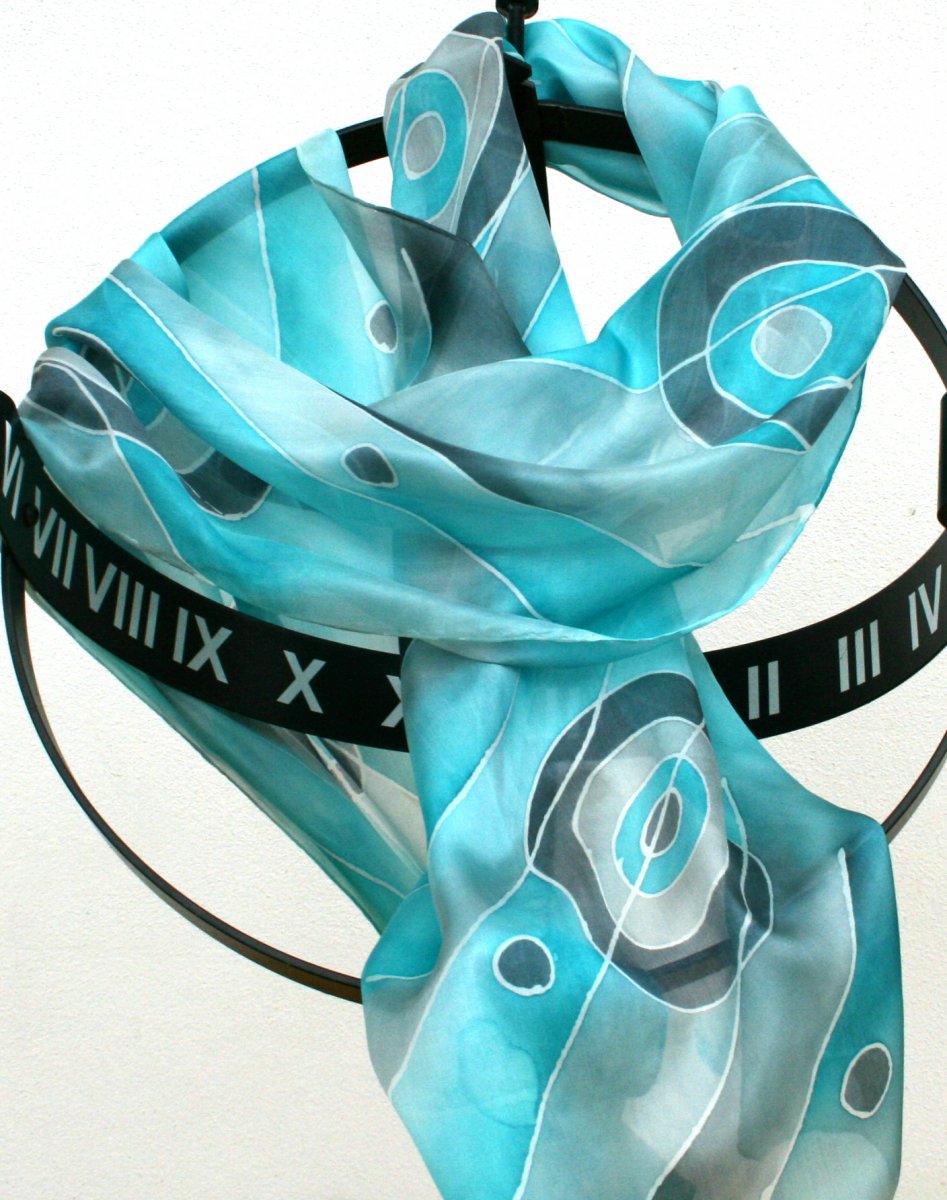 Hedvábná šála: Kruhy šedo-tyrkysové