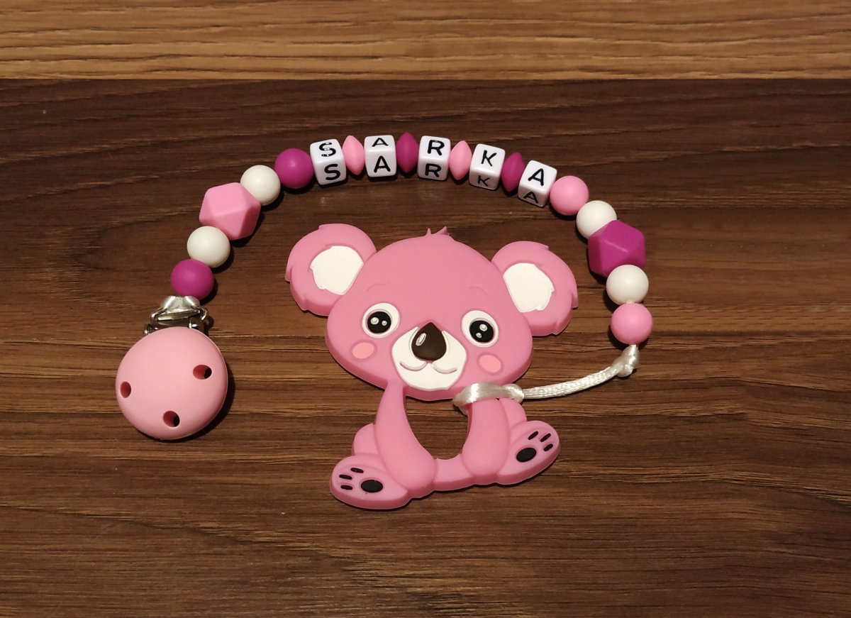 Silikonové kousátko / klip na dudlík růžové se jménem