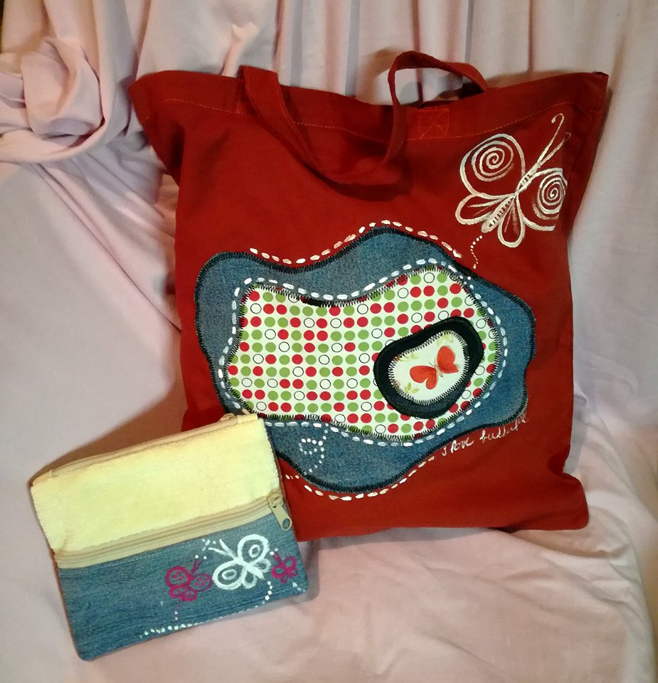 MOTÝL - plátěná taška s riflovou kapsičkou