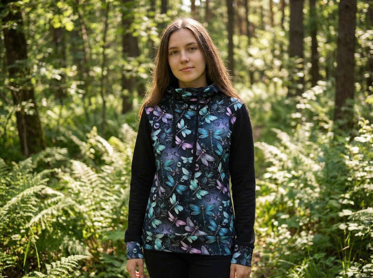 Dámská designová mikina s funkčním rolákem - vážky (teplákovina)