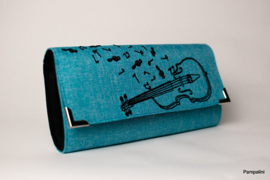 Vyšívaná peněženka - Housle na tyrkysu